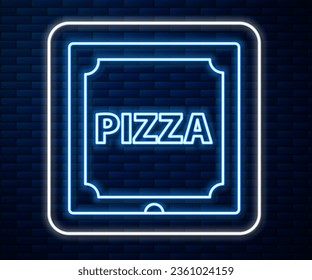 Glowing neon line Pizza in cardboard box icon isolated on brick wall background. Box with layout elements.  Vector Illustration