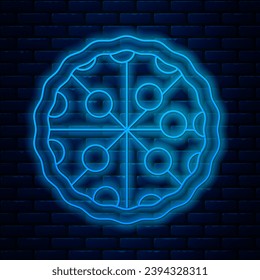 Glowing neon line Pizza icon isolated on brick wall background. Fast food menu.  Vector