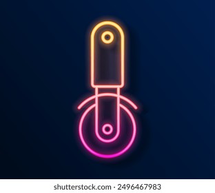 Glowing neon line Pizza knife icon isolated on black background. Pizza cutter sign. Steel kitchenware equipment.  Vector