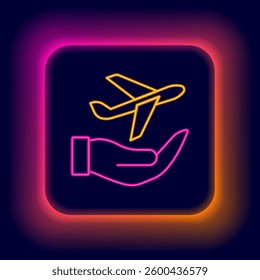 Glowing neon line Plane in hand icon isolated on black background. Flying airplane. Airliner insurance. Security, safety, protection, protect concept. Colorful outline concept. Vector