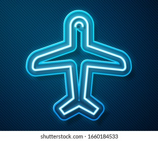 Icono de línea de neón Plano aislado en fondo azul. Icono de avión volador. Signo del avión. Ilustración vectorial