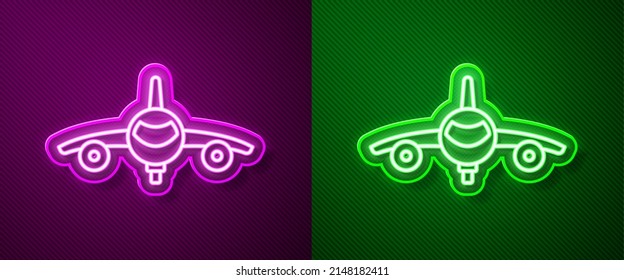 Glowing neon line Plane icon isolated on purple and green background. Flying airplane icon. Airliner sign.  Vector