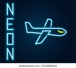 Icono de avión de línea de neón brillante aislado sobre fondo negro. Icono de avión volador. Señal de avión. Concepto de contorno colorido. Vector