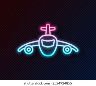 Icono de avión de línea de neón brillante aislado sobre fondo negro. Icono de avión volador. Señal de avión.  Vector