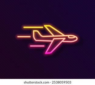 Glowing neon line Plane icon isolated on black background. Flying airplane icon. Airliner sign.  Vector