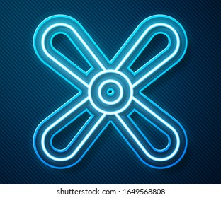 Glowing neon line Plane propeller icon isolated on blue background. Vintage aircraft propeller.  Vector Illustration