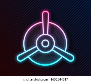 Glowing neon line Plane propeller icon isolated on black background. Vintage aircraft propeller.  Vector Illustration