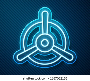 Glowing neon line Plane propeller icon isolated on blue background. Vintage aircraft propeller.  Vector Illustration