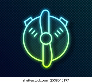 Glowing neon line Plane propeller icon isolated on black background. Vintage aircraft propeller.  Vector