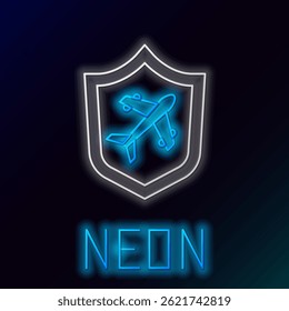 Glowing neon line Plane with shield icon isolated on black background. Flying airplane. Airliner insurance. Security, safety, protection, protect concept. Colorful outline concept. Vector
