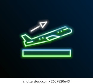 Glowing neon line Plane takeoff icon isolated on black background. Airplane transport symbol. Colorful outline concept. Vector