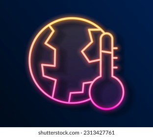 Glowing neon line Planet earth melting to global warming icon isolated on black background. Ecological problems and solutions - thermometer.  Vector