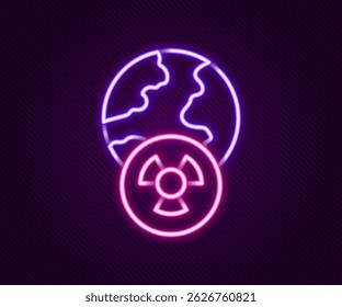 Glowing neon line Planet earth and radiation symbol icon isolated on black background. Environmental concept. Colorful outline concept. Vector