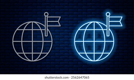 Glowing neon line Planet with flag icon isolated on brick wall background. Victory, winning and conquer adversity concept.  Vector