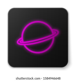 Glowing neon line Planet Saturn with planetary ring system icon isolated on white background. Black square button. Vector Illustration