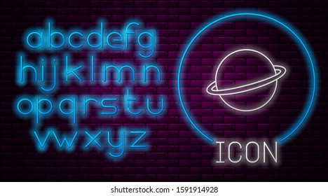 Glowing neon line Planet Saturn with planetary ring system icon isolated on brick wall background. Neon light alphabet. Vector Illustration