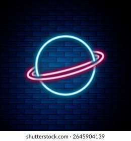 Linha de neon brilhante Planeta Saturno com ícone de sistema de anéis planetários isolado no fundo da parede de tijolos. Conceito de contorno colorido. Vetor
