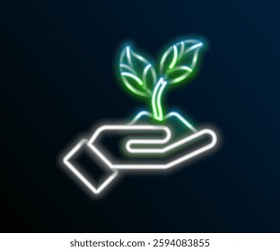 Glowing neon line Plant in hand of environmental protection icon isolated on black background. Seed and seedling. Planting sapling. Colorful outline concept. Vector