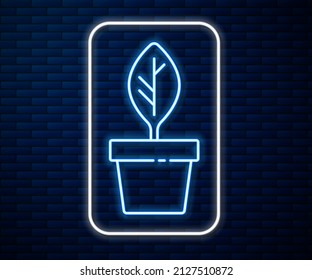 Glowing neon line Plant in pot icon isolated on brick wall background. Plant growing in a pot. Potted plant sign.  Vector