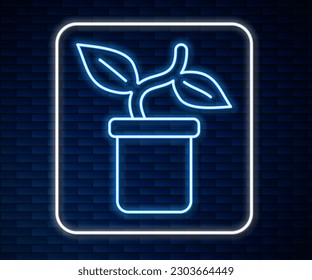 Glowing neon line Plant in pot icon isolated on brick wall background. Plant growing in a pot. Potted plant sign.  Vector