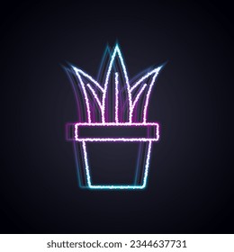 Glowing neon line Plant in pot icon isolated on black background. Plant growing in a pot. Potted plant sign.  Vector