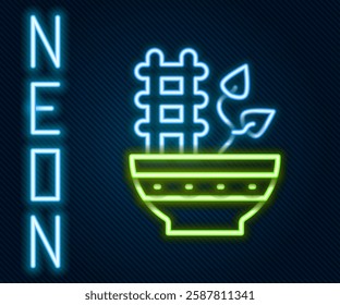 Glowing neon line Plant in pot icon isolated on black background. Plant growing in a pot. Potted plant sign. Colorful outline concept. Vector