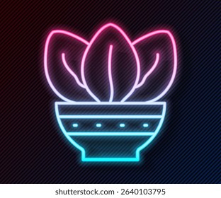 Glowing neon line Plant in pot icon isolated on black background. Plant growing in a pot. Potted plant sign.  Vector