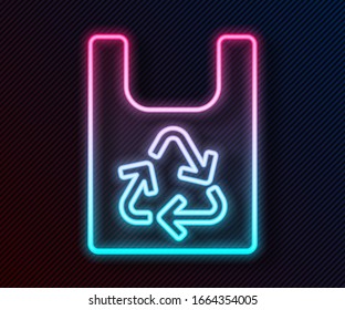 Glowing neon line Plastic bag with recycle icon isolated on black background. Bag with recycling symbol.  Vector Illustration