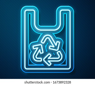 Glowing neon line Plastic bag with recycle icon isolated on blue background. Bag with recycling symbol.  Vector Illustration