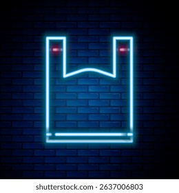 Glowing neon line Plastic bag icon isolated on brick wall background. Disposable cellophane and polythene package prohibition sign. Colorful outline concept. Vector