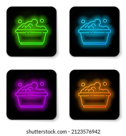 Glowing neon line Plastic basin with soap suds icon isolated on white background. Bowl with water. Washing clothes, cleaning equipment. Black square button. Vector Illustration
