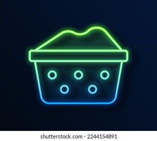Glühendes Neonline-Plastikbecken mit Seifensuds Symbol einzeln auf blauem Hintergrund. Schale mit Wasser. Waschkleidung, Reinigungsausrüstung.  Vektorgrafik