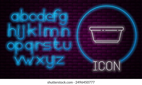 Glowing neon line Plastic basin icon isolated on brick wall background. Bowl with water. Washing clothes, cleaning equipment. Neon light alphabet. Vector Illustration