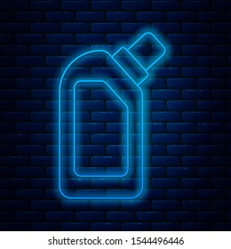 Glowing neon line Plastic bottle for liquid laundry detergent, bleach, dishwashing liquid or another cleaning agent icon isolated on brick wall background.  Vector Illustration