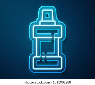 Glowing neon line Plastic bottle for laundry detergent, bleach, dishwashing liquid or another cleaning agent icon isolated on blue background.  Vector