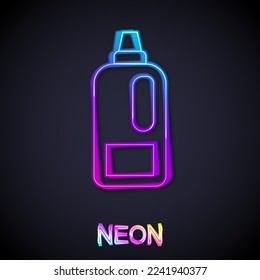 Glowing neon line Plastic bottle for laundry detergent, bleach, dishwashing liquid or another cleaning agent icon isolated on black background.  Vector