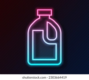 Glowing neon line Plastic bottle for laundry detergent, bleach, dishwashing liquid or another cleaning agent icon isolated on black background.  Vector