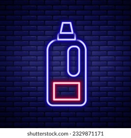 Glowing neon line Plastic bottle for laundry detergent, bleach, dishwashing liquid or another cleaning agent icon isolated on brick wall background. Colorful outline concept. Vector