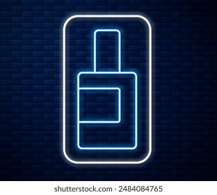 Glowing neon line Plastic bottle for laundry detergent, bleach, dishwashing liquid or another cleaning agent icon isolated on brick wall background.  Vector