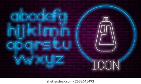 Linha de neon brilhante Garrafa plástica para detergente líquido para roupa, alvejante, ícone líquido de lavagem de louça isolado no fundo da parede de tijolos. Alfabeto leve neon. Ilustração de vetor