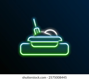 Glowing neon line Plate, fork and knife icon isolated on black background. Cutlery symbol. Restaurant sign. Colorful outline concept. Vector