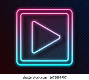 Glowing neon line Play in square icon isolated on black background.  Vector Illustration