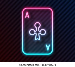 Glowing neon line Playing card with clubs symbol icon isolated on black background. Casino gambling.  Vector Illustration