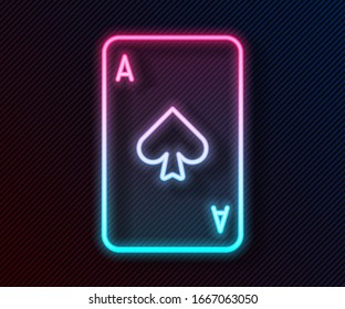 Glowing neon line Playing card with spades symbol icon isolated on black background. Casino gambling.  Vector Illustration