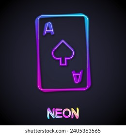 Glowing neon line Playing card with spades symbol icon isolated on black background. Casino gambling.  Vector