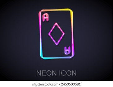 Glowing neon line Playing card with diamonds symbol icon isolated on black background. Casino gambling.  Vector