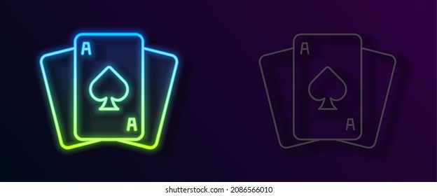 Glowing neon line Playing cards icon isolated on black background. Casino gambling.  Vector