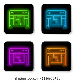 Glowing neon line Plotter icon isolated on white background. Large format multifunction printer. Polygraphy, printshop service. Black square button. Vector