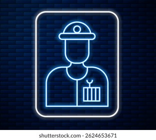 Glowing neon line Plumber icon isolated on brick wall background.  Vector Illustration