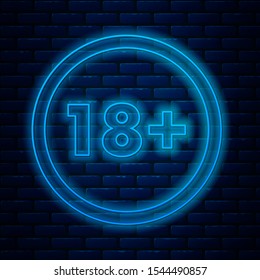 Glowing neon line Plus 18 movie icon isolated on brick wall background. Adult content. Under 18 years sign.  Vector Illustration